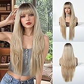 Cemuto Ombre Blonde Synthetic Wig with Bangs Glueless Long Straight Layered Wigs for Women Dark Roots 28 Inch