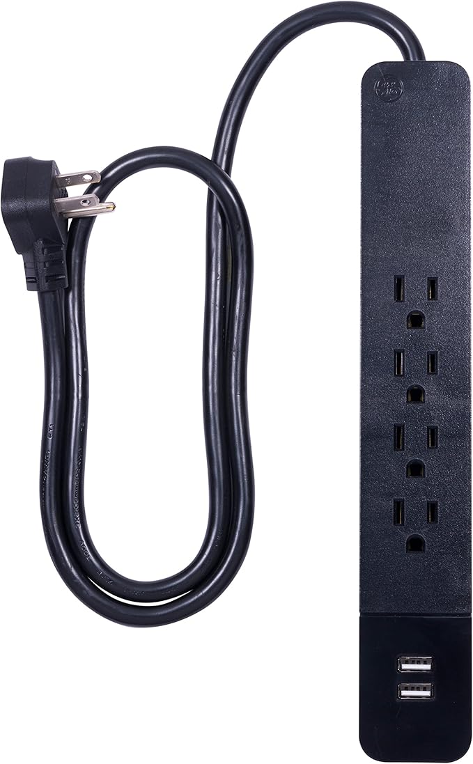 GE, Black, Power Strip Surge Protector, Charger, 4 Outlets