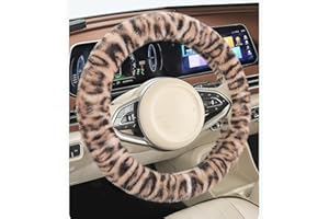 Leopard Print Car Steering Wheel Cover with Anti-Slip Rubber Ring Winter Warm Plush Auto Accessories Universal 15 Inch(O-Yell