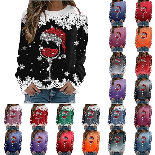 Celucke Christmas Jumper Women, Xmas Long Sleeve Sweatshirt, Raglan Ugly Christmas Tops, Reindeer & Wine Glass Graphic Sweatshirts, Cute Xmas Pullover, Ladies Funny Christmas Clothes