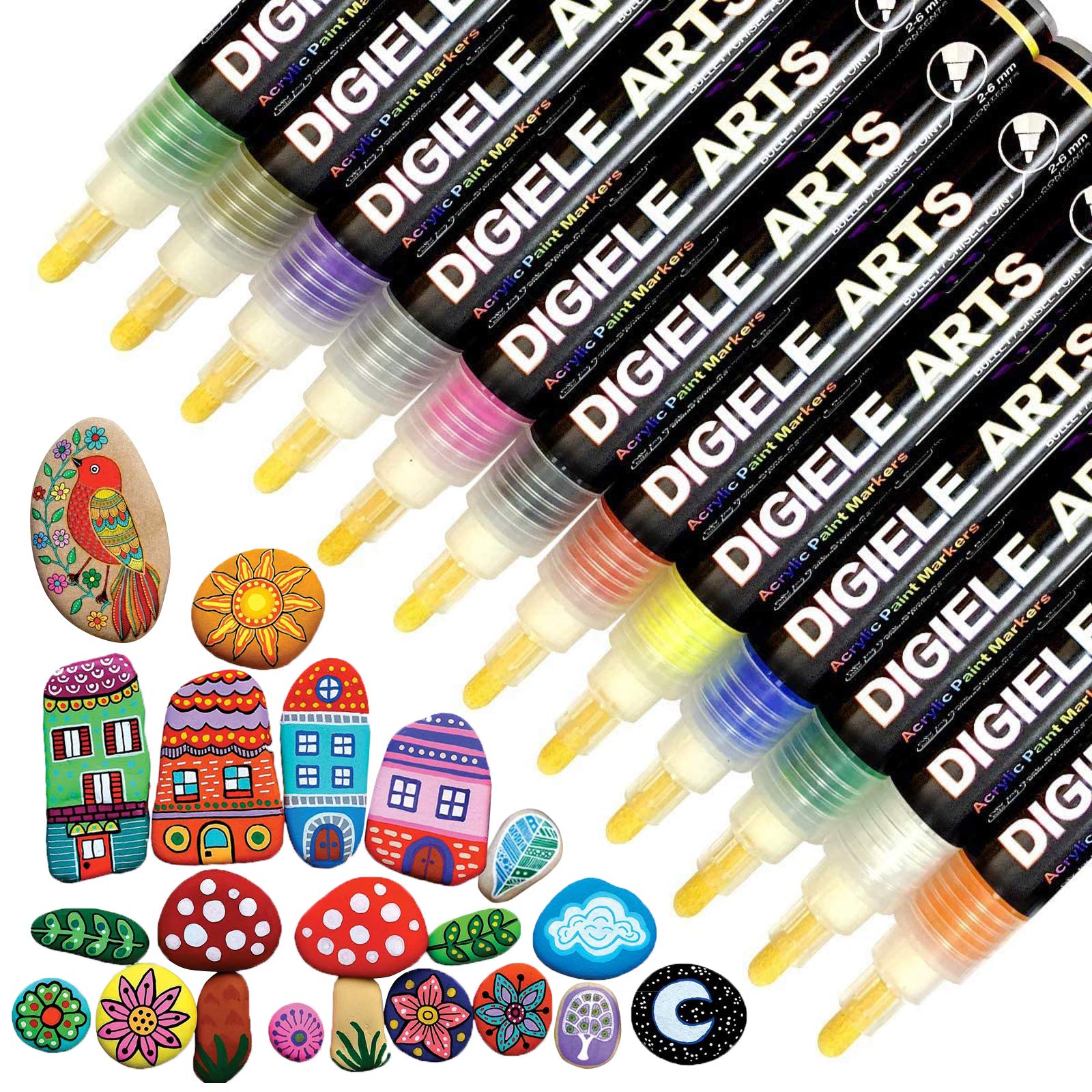 DIGIELE Paint Pens for Rock Painting, 12pcs Waterproof Pens for Pebble Painting & Stone Art Drawing, Round or Chisel Tip, Permanent Acrylic Paint Markers Set for Kids, DIY for Ceramic, Porcelain & Mug