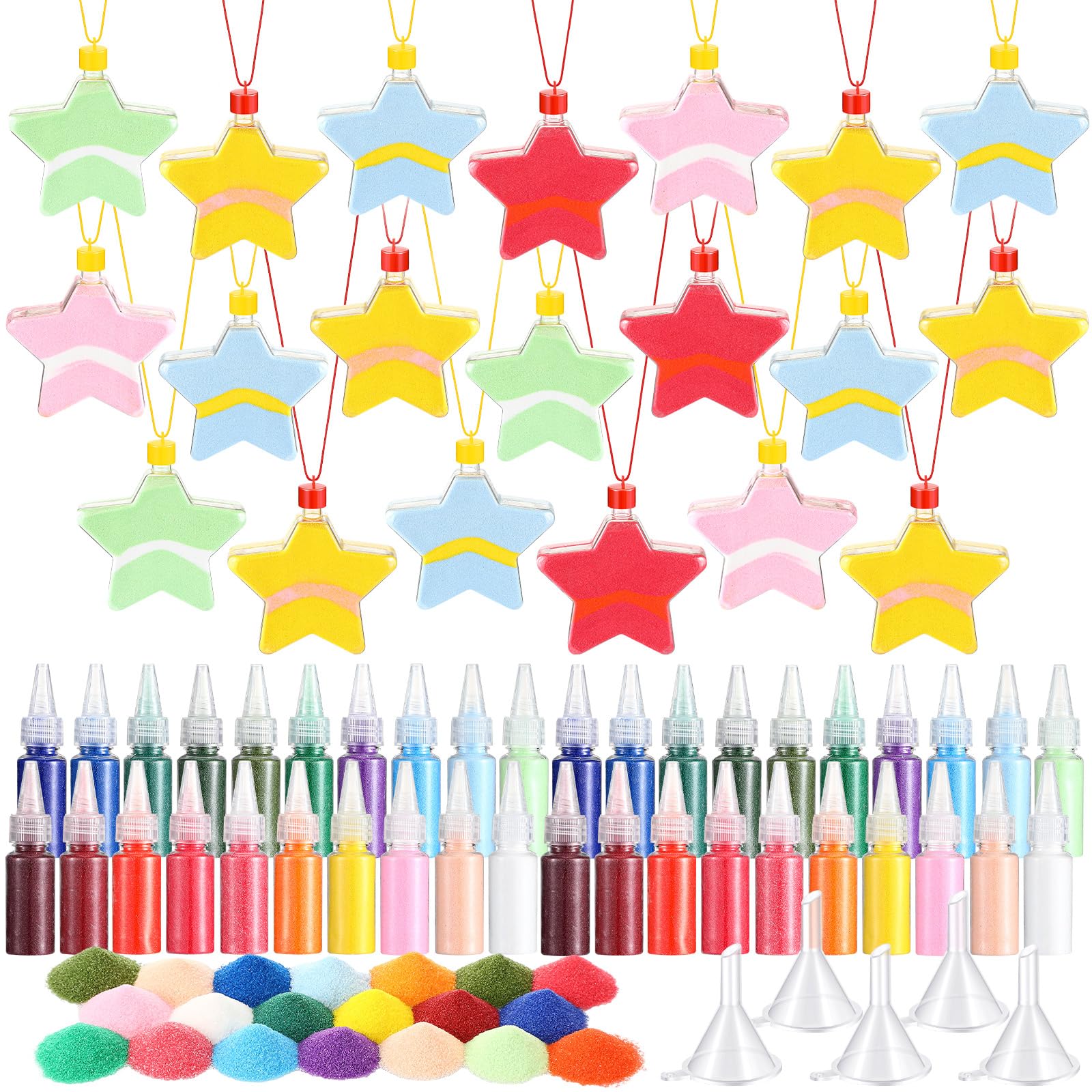 Photo 1 of Yinlin 65 Pieces Sand Art Bottle Necklaces for Party Favors 20 Bottles 40 Colored Sand Bulk 5 Funnels Art Crafts Kit for DIY Birthday Wedding Fun Party Supplies(Star)