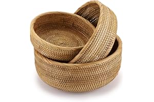 BTSKY Set of 3 Round Rattan Woven Fruit Basket - Handmade Wicker Food Staorage Tray Snack Organizer Bins Vagetable Bowl Home 