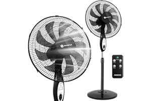 Aigostar 9-Blade Pedestal Fan with Remote, 16″Oscillating Standing Fan for Bedroom, 3 Speed & 3 Mode Settings; 7.5H Timer; Adjustable Height; Quiet Operation for Home, Office, Black