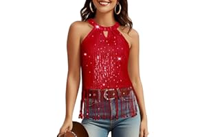 Aupuls Fringe Sequin Tops for Women Halter Sparkly Top for Christmas Party Country Concert Outfits