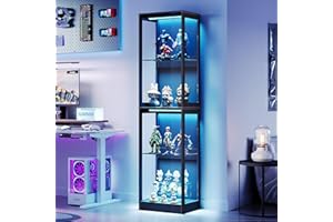 AMERLIFE RGB Display Cabinet with Adjustable Shelves, 4-Tier Storage Case with LED Lights, Modern Display Shelf for Collectibles, Black 70" H×18" L×14" D