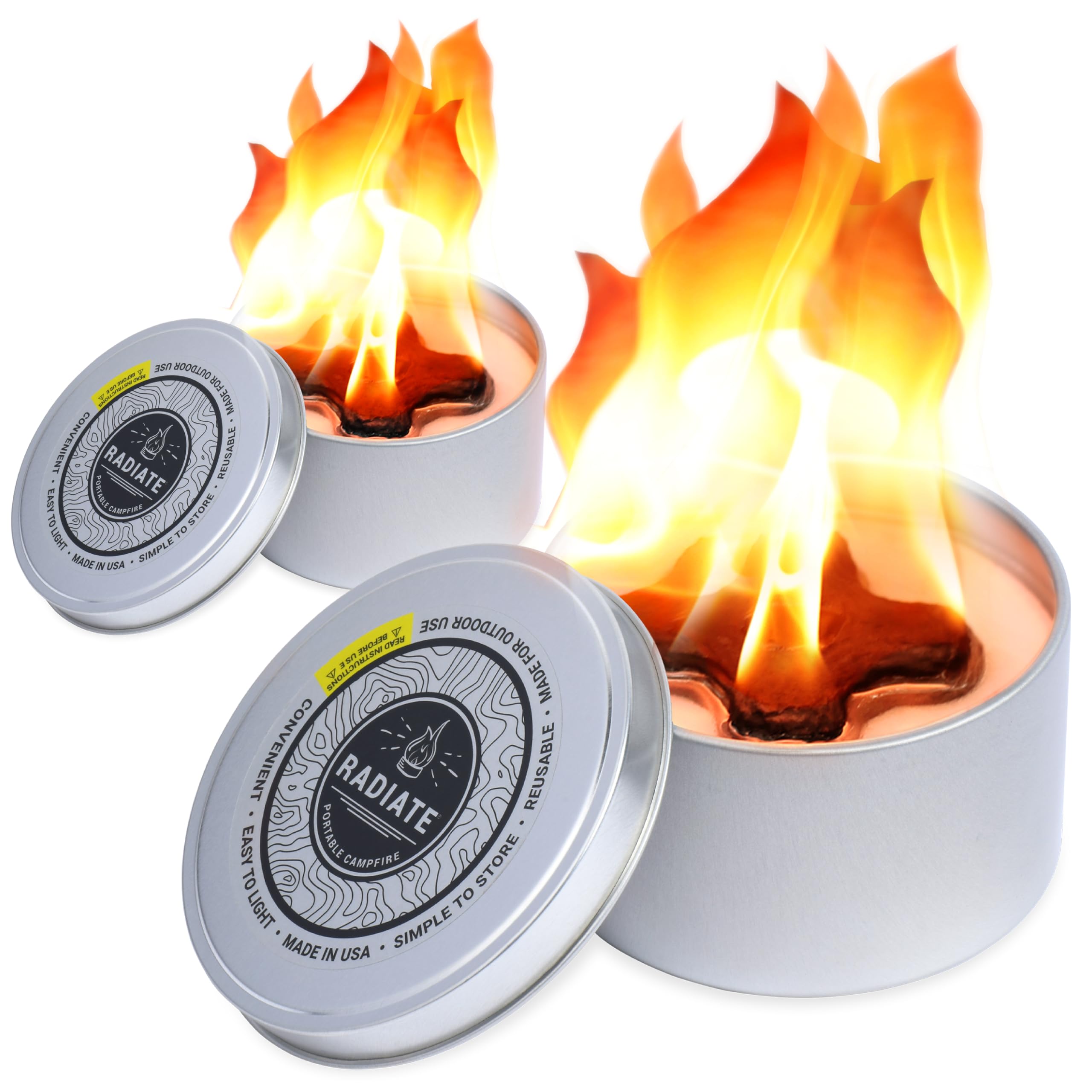 Photo 1 of Radiate 2-Pack Portable Tabletop Firepit Campfire in a Can - 4" White Modern - 2 Hours Warmth & Burn Time - Soy Wax Portable Fire - Lightweight Camping Fire & Safe Tabletop Firepit
