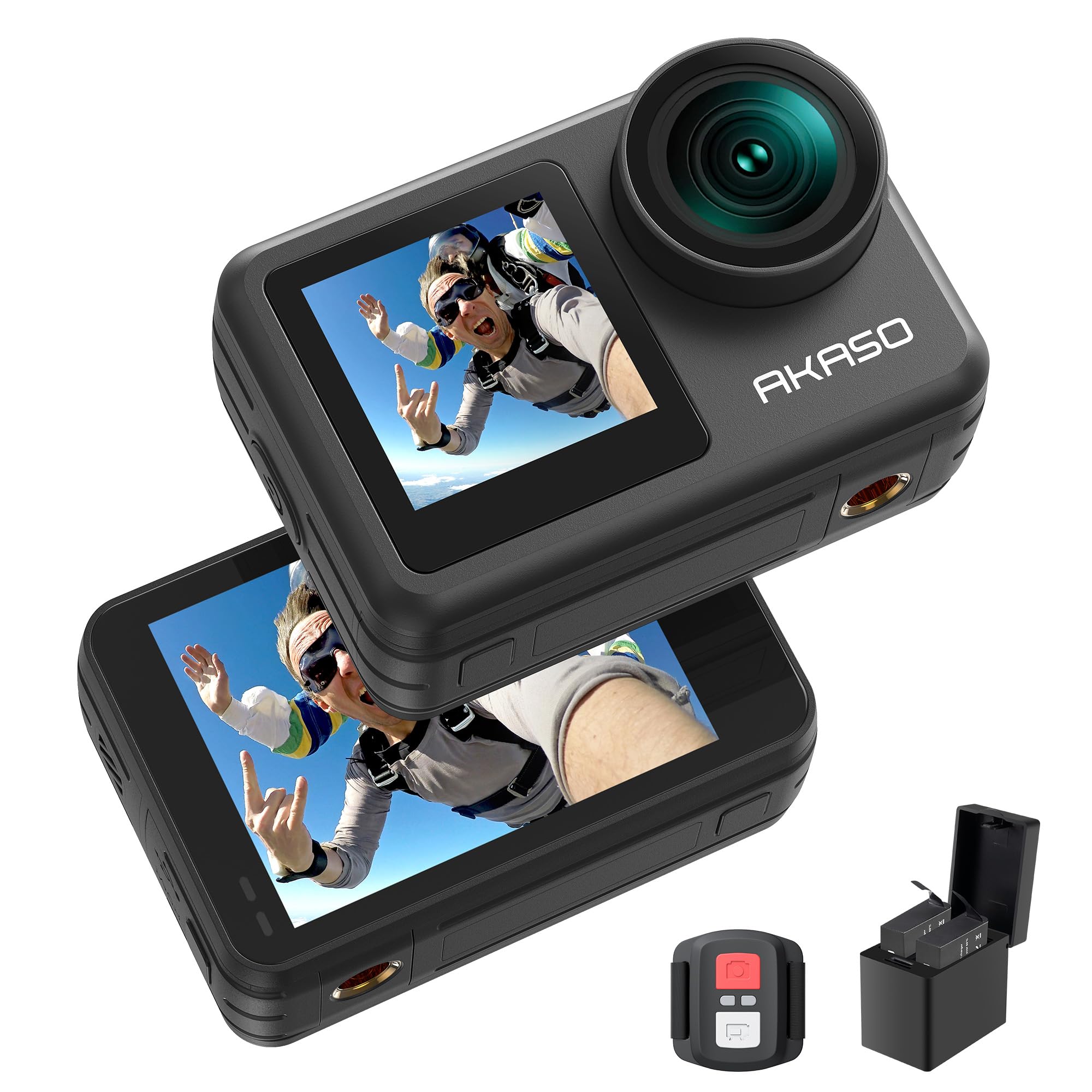 AKASO Brave 7 LE アクションカメラ 4K60fps 20MP IPX7本機防水 40M防水 水中カメラ 六軸手ぶれ補正 アクションカム デュアルカラー タッチパネル式 タイムラプス WiFi/Type-C外部マイク対応 1350mAhバッテリー2個 リモコン付き商品画像