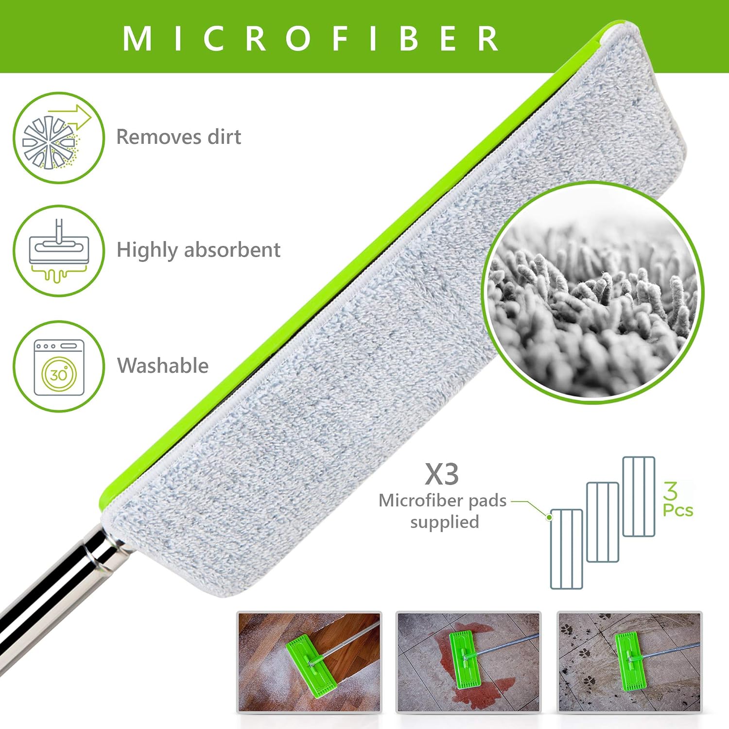 EasyGleam Mop and Bucket Set. Microfiber Flat Mop with Stainless Steel Handle, Innovative Twin Chamber Bucket for Wet & Dry use. 3 Reusable Pads Supplied, Suitable for All Floor Types: Kitchen & Dining