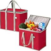 VENO 2 Pack Cooler Bag and Insulated Grocery Bags for Food Delivery, Collapsible Cooler, Reusable Shopping Bags for Groceries with Zipper, Foldable, Heavy-Duty, Stands Upright (Red, 2 Pack)