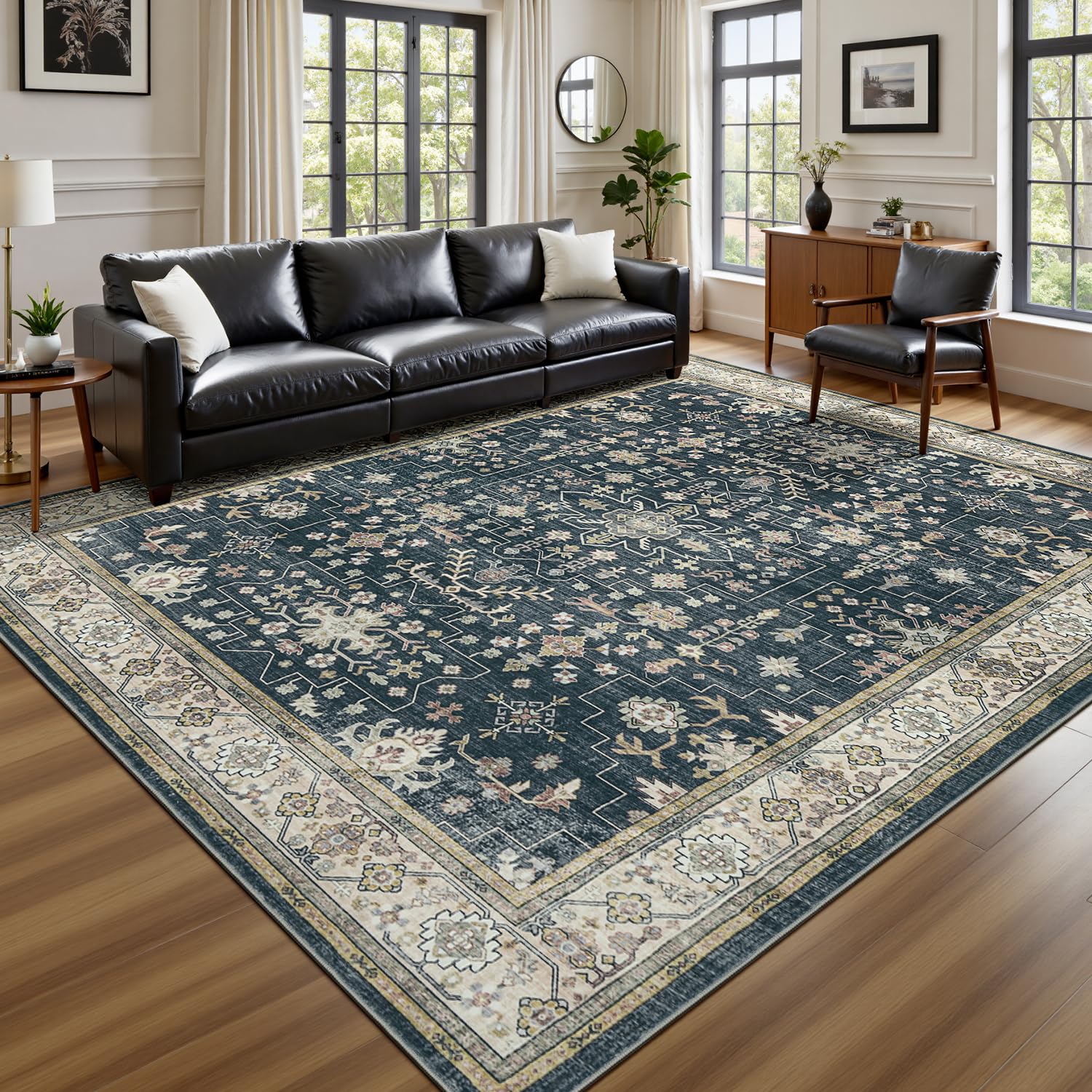 Lessymo 8x10 Area Rugs for Living Room, Washable Rug for Bedroom Dining Home Office, Soft Non-Slip Rubber Vintage Black Brown Large Carpet, Boho Distressed Floral Farmhouse Decor