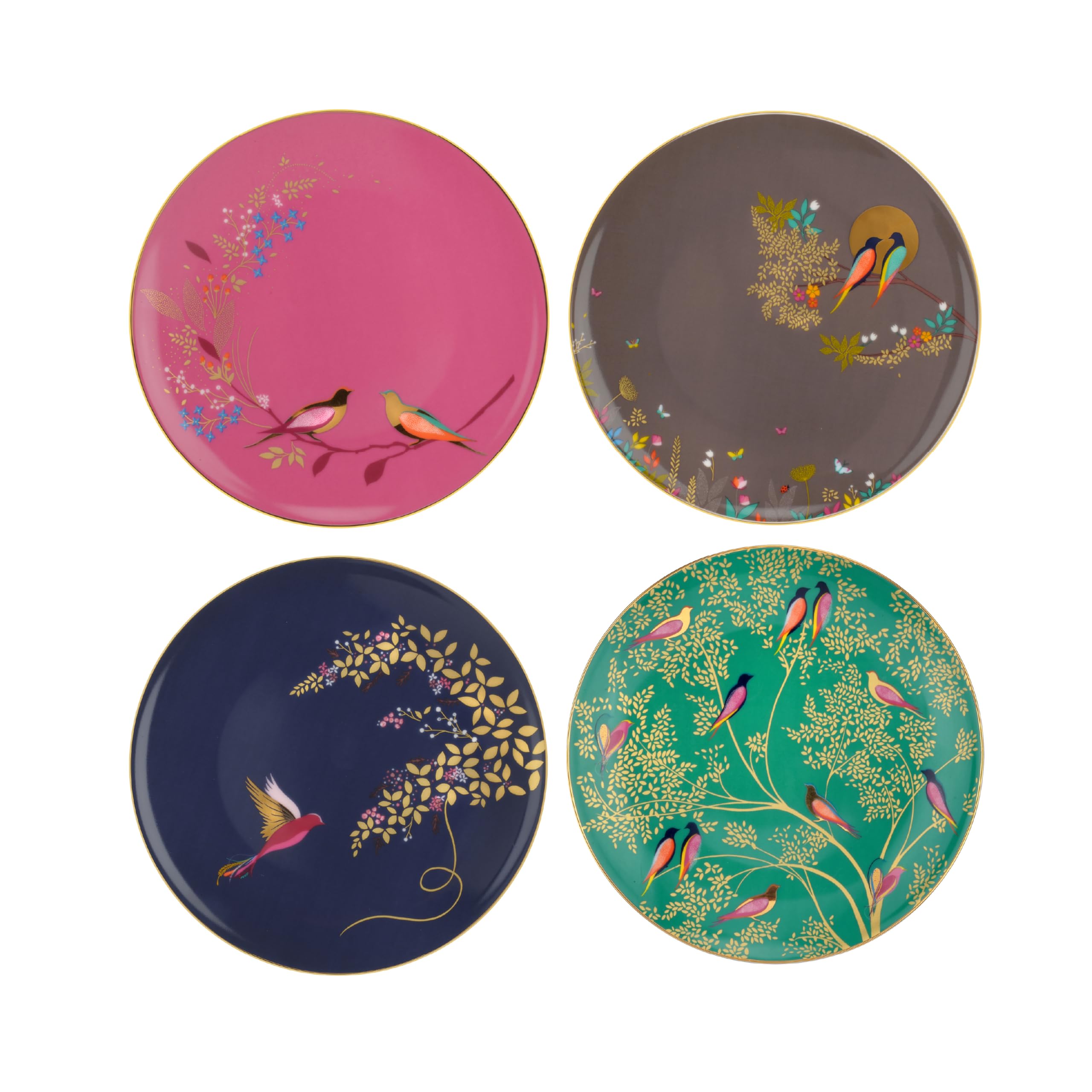 Portmeirion x Sara Miller London Set of 4 Cake Plates - Chelsea Collection, Bird and Leaves Design in Beautiful Jewel-Toned Colours, Ceramic Cake Plate, Made from Fine China, 20.4cm