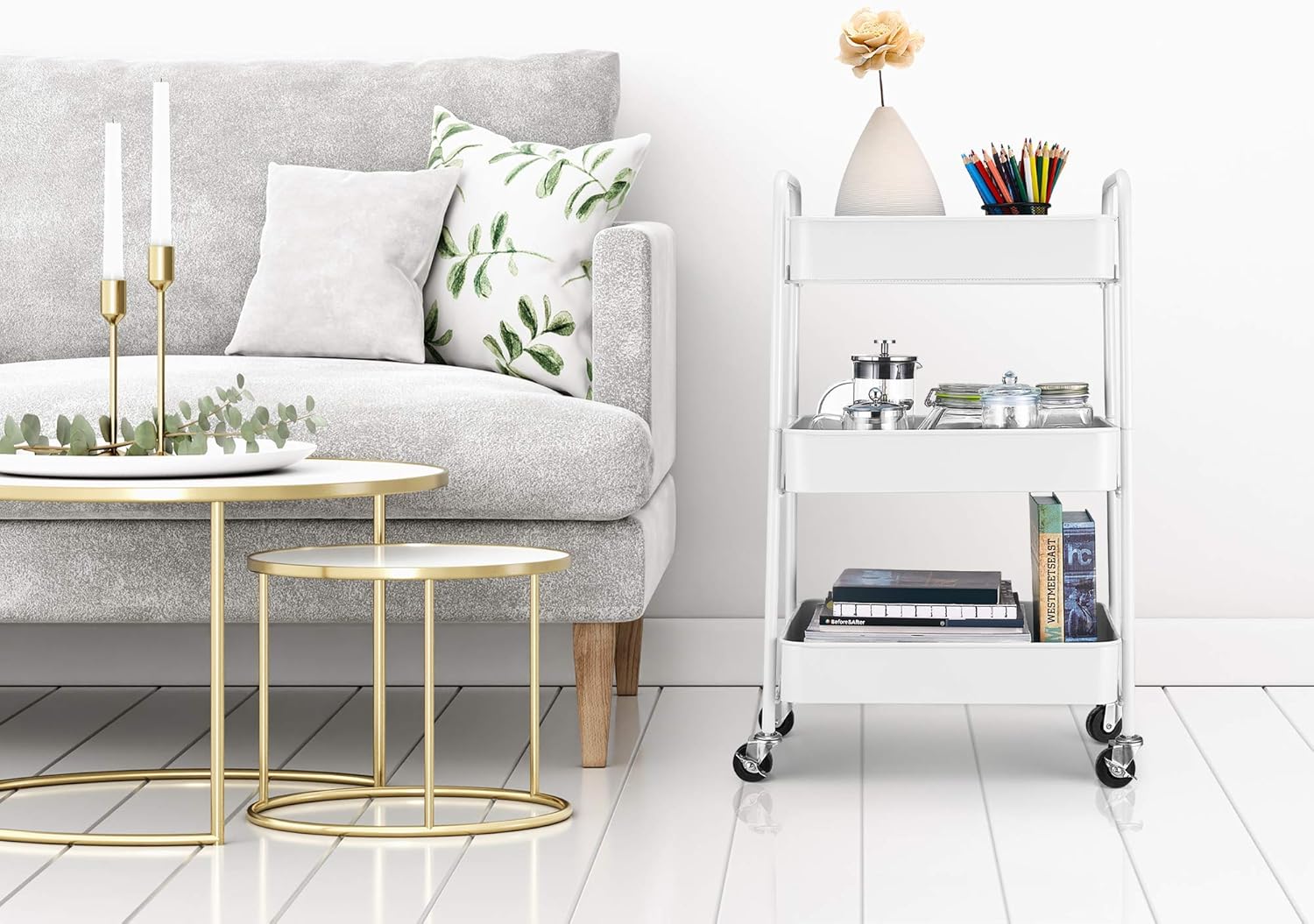 CAXXA 3-Tier Rolling Metal Storage Organizer - Mobile Utility Cart with Caster Wheels, White - Kitchen Islands & Carts