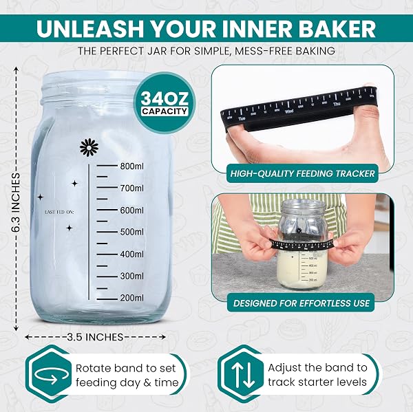 LINA E MAMA 34 OZ SOURDOUGH STARTER JAR | SOURDOUGH STARTER KIT | WIDE MOUTH SOUR DOUGH KIT WITH A WOODEN & ALUMINUM LID, SPATULA, AND FUNNEL | SOUR DOUGH JAR FOR BEGINNERS AND PROS