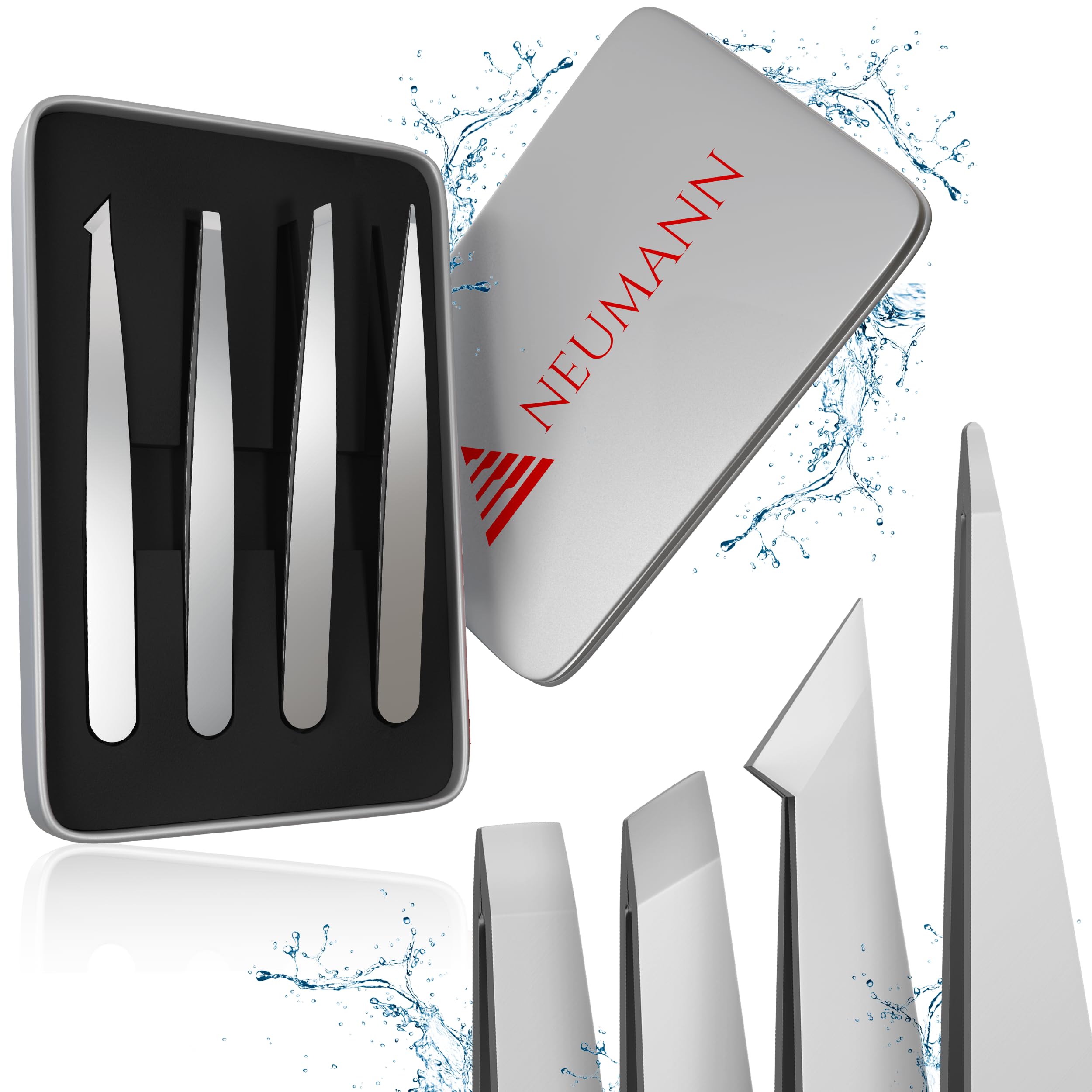 NEUMANN® Tweezer Set (Stainless Steel) for Eyebrow & Hair Removal - Oblique, Pointed & More - Includes Storage Box [Silver]
