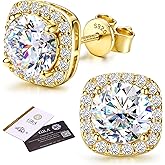 GEMQUEEN Moissanite Halo Earrings Studs : 18K Gold Plated Solid 925 Sterling Silver Stud Earring for Women Men Hypoallergenic Dainty Moissanite Jewelry for Sensitive Ear Round Cut D Color VVS1 1CT-4CT