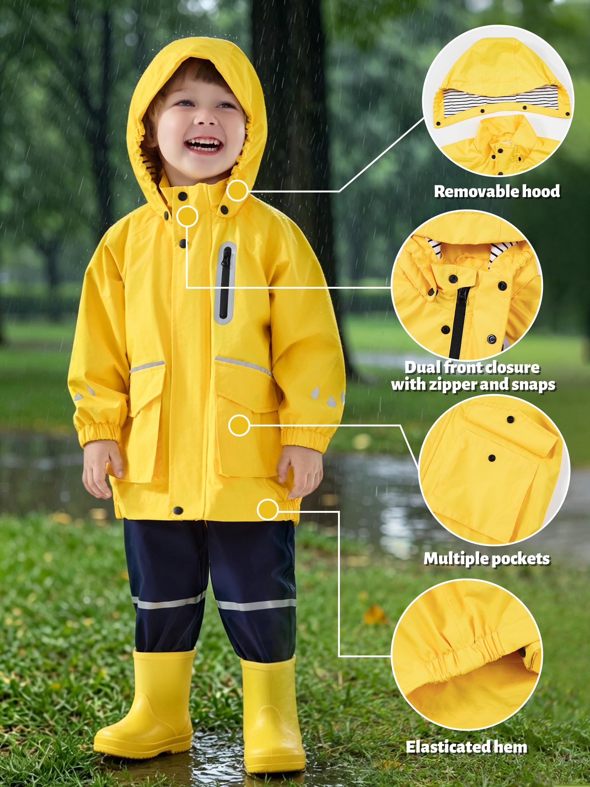 Volunboy Kinder Regenjacke Wasserdicht, Leichte Winddichte Jacke, Abnehmbare Kappe, Reflektorstreifen, Jungen & Mädchen 2-6 Jahre(Größe 100,2–3 Jahre,Gelb) 2