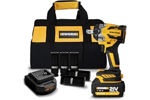 EWORK Cordless Impact Wrench 21V Brushless Compact 1/2 Impact Gun Max 520 Ft-lbs Power Impact Wrenches with 4.0Ah Li-ion Battery, Fast Charger, 5 Sockets, Tool Bag (RB-809)