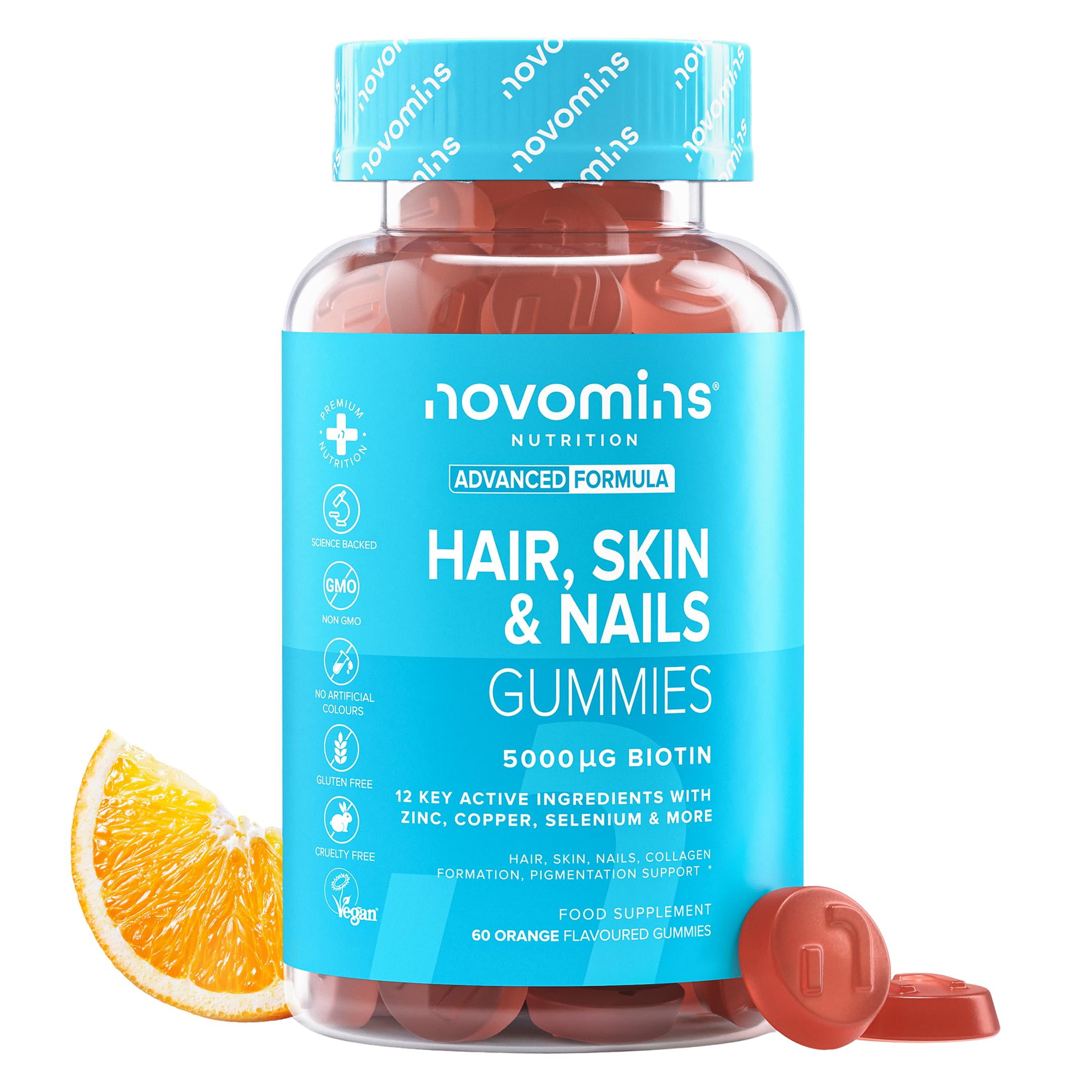 Hair Skin and Nails Vitamins - 60 Gummies with Vitamin A, C, E & Zinc - Biotin Hair Growth Vitamins for Hair Care - Biotin Gummies for Hair Growth - Vegan & Gluten-Free - Novomins