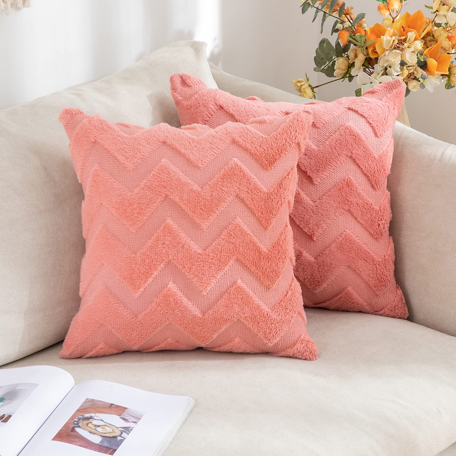 Miulee Set of 2 Wool Cushion Covers, Sofa Cushion Covers, Decorative Cushion Covers, Wave Polyester Cushion Covers, Couch Cushion Covers, Decorative Cushion Covers, Hidden Zip, Living Room, Bedroom, 50 x 50 cm, Coral Red