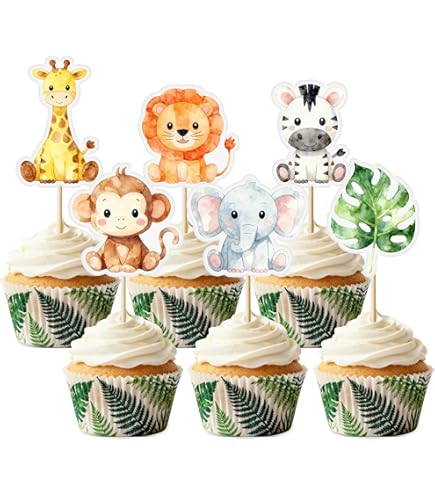 30 stuks muffindecoratie, jungledieren, cupcake-decoratie, muffindecoratie voor meisjes, cupcake-topper, taartdecoratie, jungle, muffindecoratie, cupcake-decoratie voor jongens, Happy Birthday