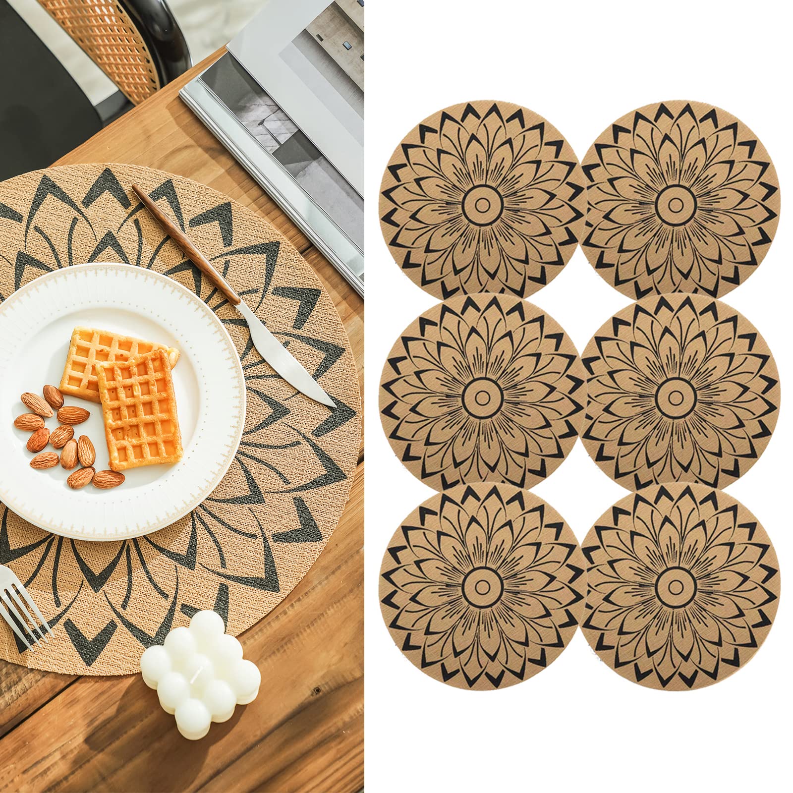 CcHhyyt Boho Round Placemats Set of 6 for Dining Table - PVC, Jute, Washable, Heat Resistant, Outdoor, Vintage, Bohemian, Waterproof — image 1
