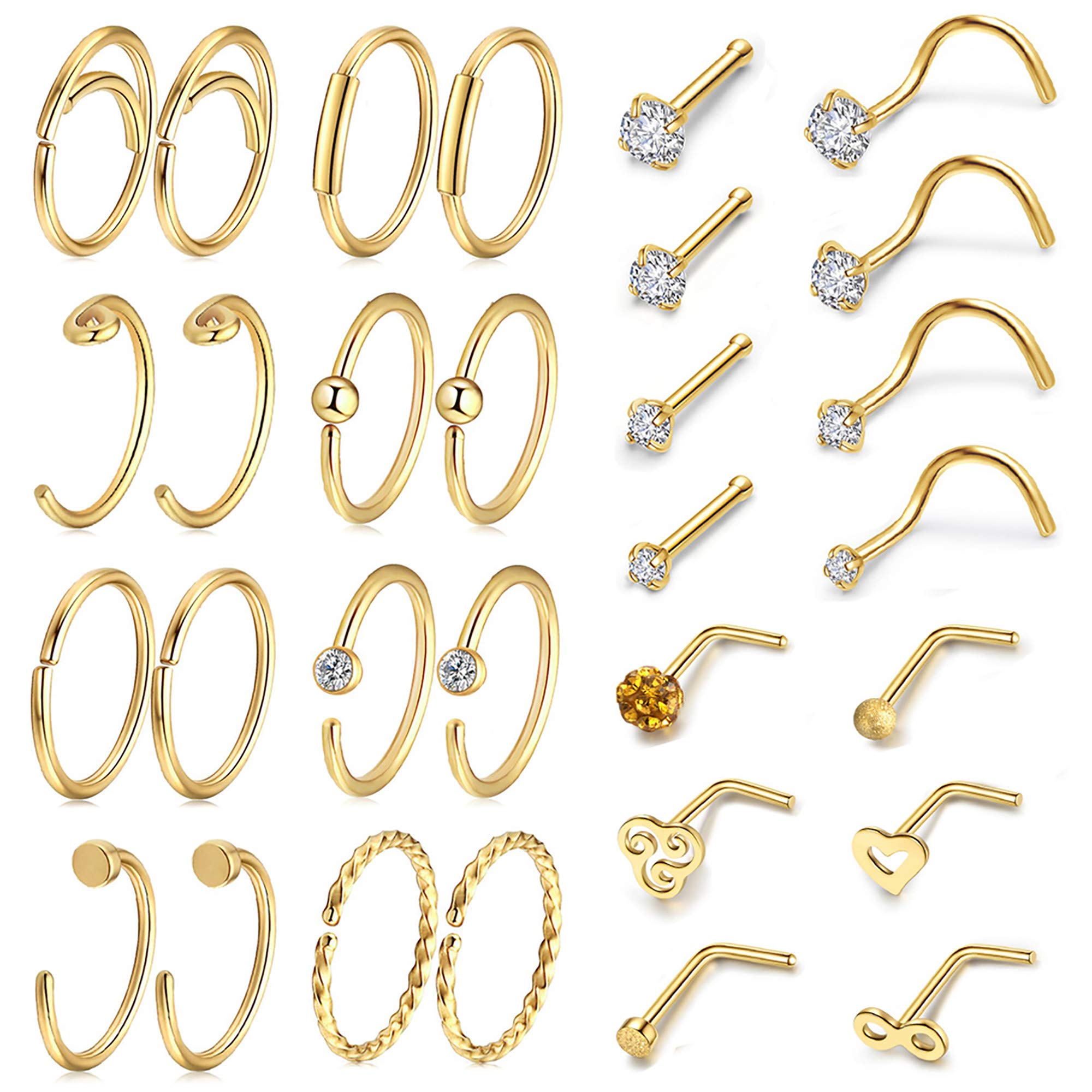 AllerPierce 30Pcs 20G Gold Nose Rings Set Bone Screw L Shaped Nose Studs Tragus Cartilage Nose Ring Hoop Stainless Steel Nose Piercing Jewelry for Women Men