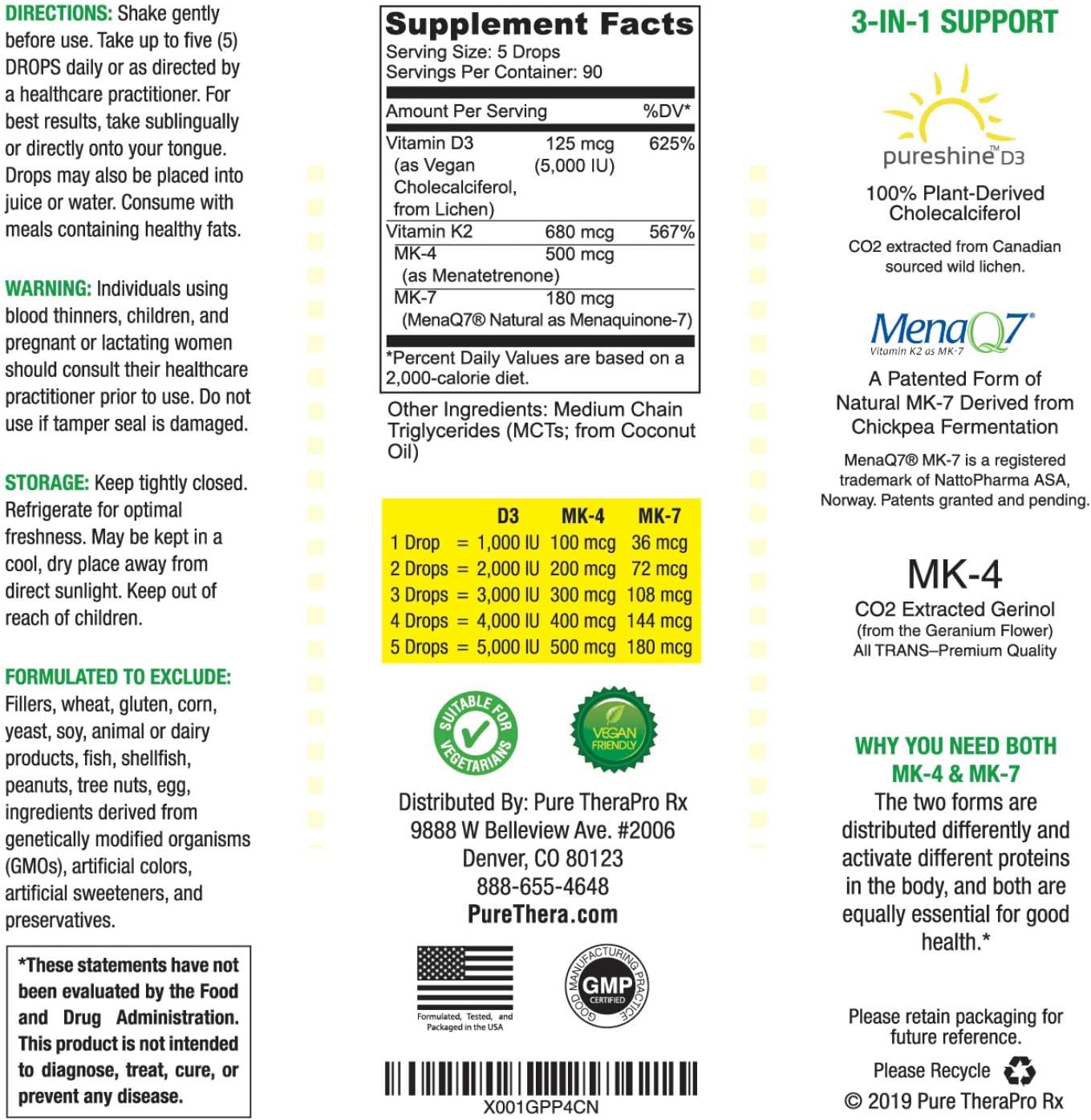 Vegan D3 + K2 "Full Spectrum" Drops for Best Absorption | 5 Drops Contain: 5,000iu VIT D3 "pureshine", 500mcg VIT K2 (MK4) & 180mcg VIT K2 (MK7) "MenaQ7" | Soy-Free, GF, Non-GMO, Tasteless & Odorless: Health & Personal Care