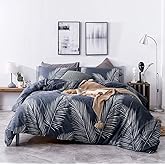 SUSYBAO Plant Patterned Duvet Cover Queen 100% Cotton 3 Pieces Set 1 Hawaiian Tropical Botanical Duvet Cover with Zipper Ties 2 Pillowcases Farmhouse Navy Blue Palm Leaves Print Bedding Set Soft