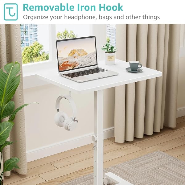 WINAZ SMALL WHITE STANDING ROLLING DESK – 24 INCH PORTABLE MOBILE STAND UP KIDS DESK ADJUSTABLE HEIGHT WITH WHEELS FOR SMALL SPACES, COUCH LAPTOP DESKS SIDE END TABLE FOR HOME OFFICE