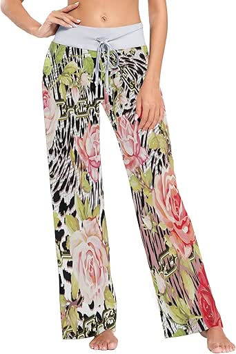 Womens Pajama Lounge Pants Animal Leopard Print and Pink Rose Flowers Wide Leg Casual Palazzo Pj 