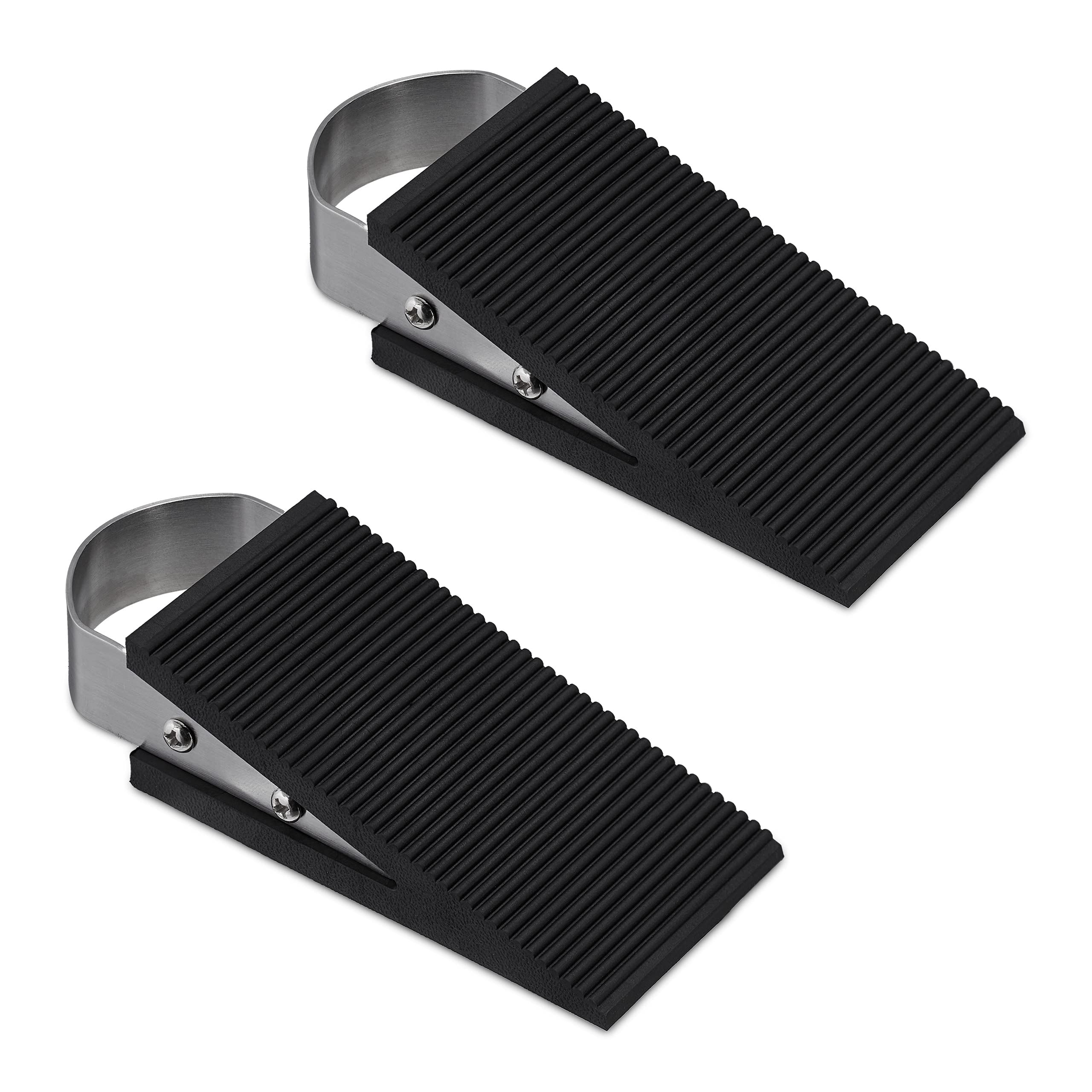 Relaxdays Rubber Doorstop, Set of 2, Non-Slip Door Wedge, Plastic & Stainless Steel, HxWxD: 3 x 5 x 12 cm, Black/Silver