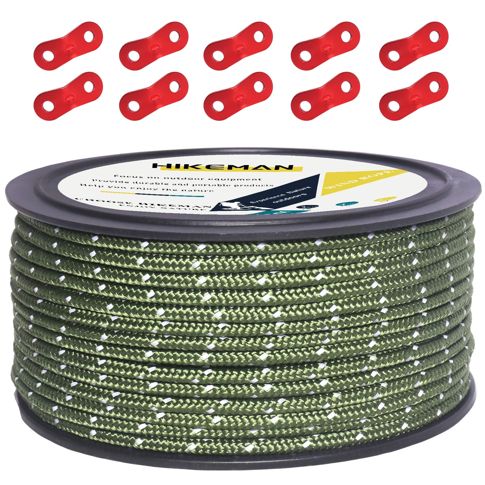 50M Reflective Cord Guy Ropes Outdoor Tent Guide Rope 100% Nylon Cord Wind Line with 10Pcs Aluminum alloy tensioners for Camping (Army green, Diameter 5 mm)