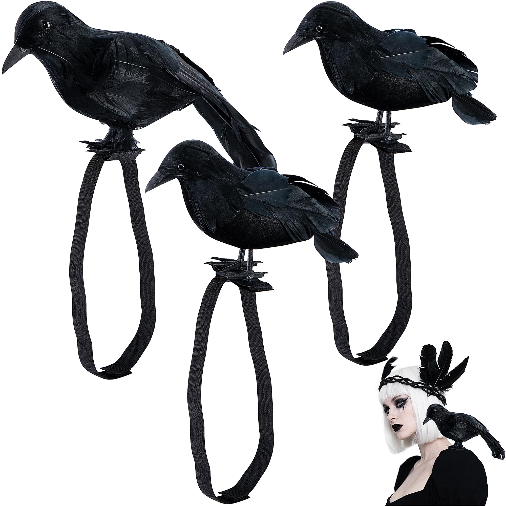 Photo 1 of Adnee 3 Pcs Mix Size Halloween Crow on Shoulder,Realistic Black Feather Crow Statue with Shoulder Strap,Raven Shoulder Costume for Halloween Cosplay Party Outfit Props