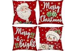 Ni-JASW Red Christmas Throw Pillow Covers 18x18 inch Set of 4, Santa Snowman Merry Christmas Xmas Pillow Cases for Couch Sofa Holiday Decor