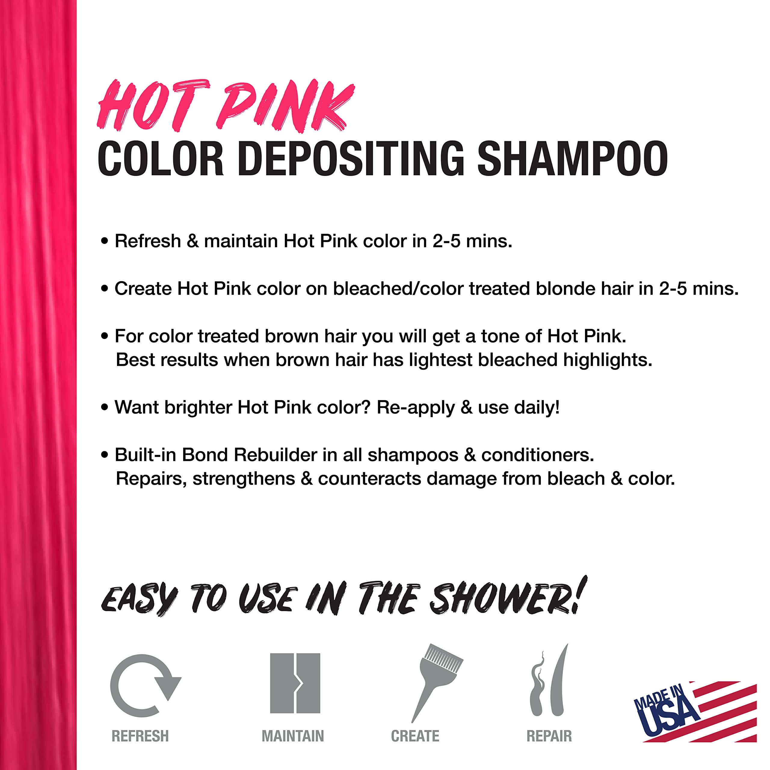 NO FADE FRESH Hot Pink Depositing Shampoo + Conditioner + BondHeal Bond Rebuilder Bundle - Enhance Bright Temporary Color, Prevent Fading, and Restore Hair Health