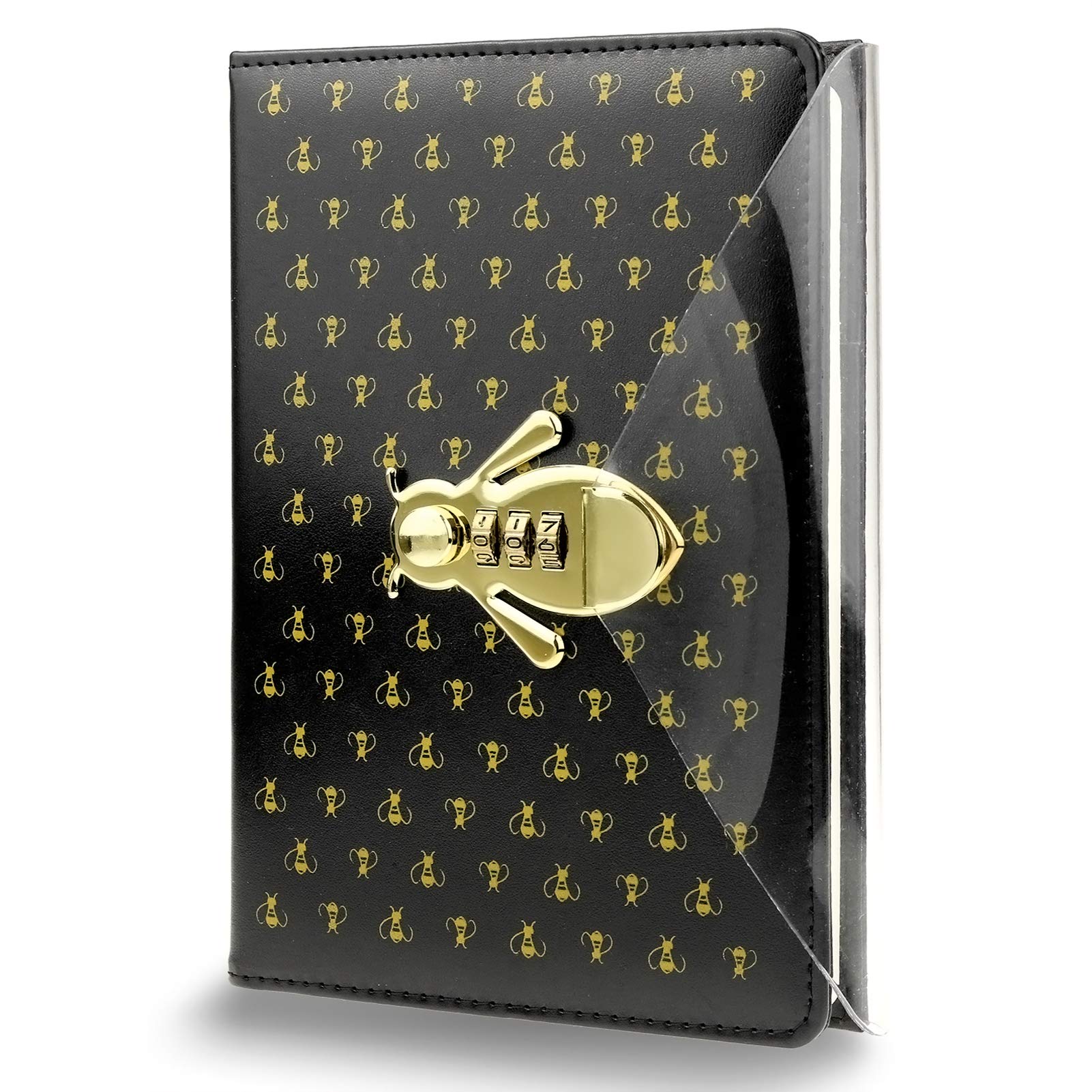 Bee Shaped Combination Lock Journal, PU Leather Hard Cover Notebook Cute Diary, A5 Lined Password Locking Personal Planner Secret Organizer Gift for Girls Women Daughter