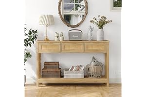 Furniouse Rattan Sofa Table Narrow Long Boho Entryway Table with 3 Drawers and Open Storage Shelf, Rattan Console Table Side Table for Hallway, Living Room, Natural Wood