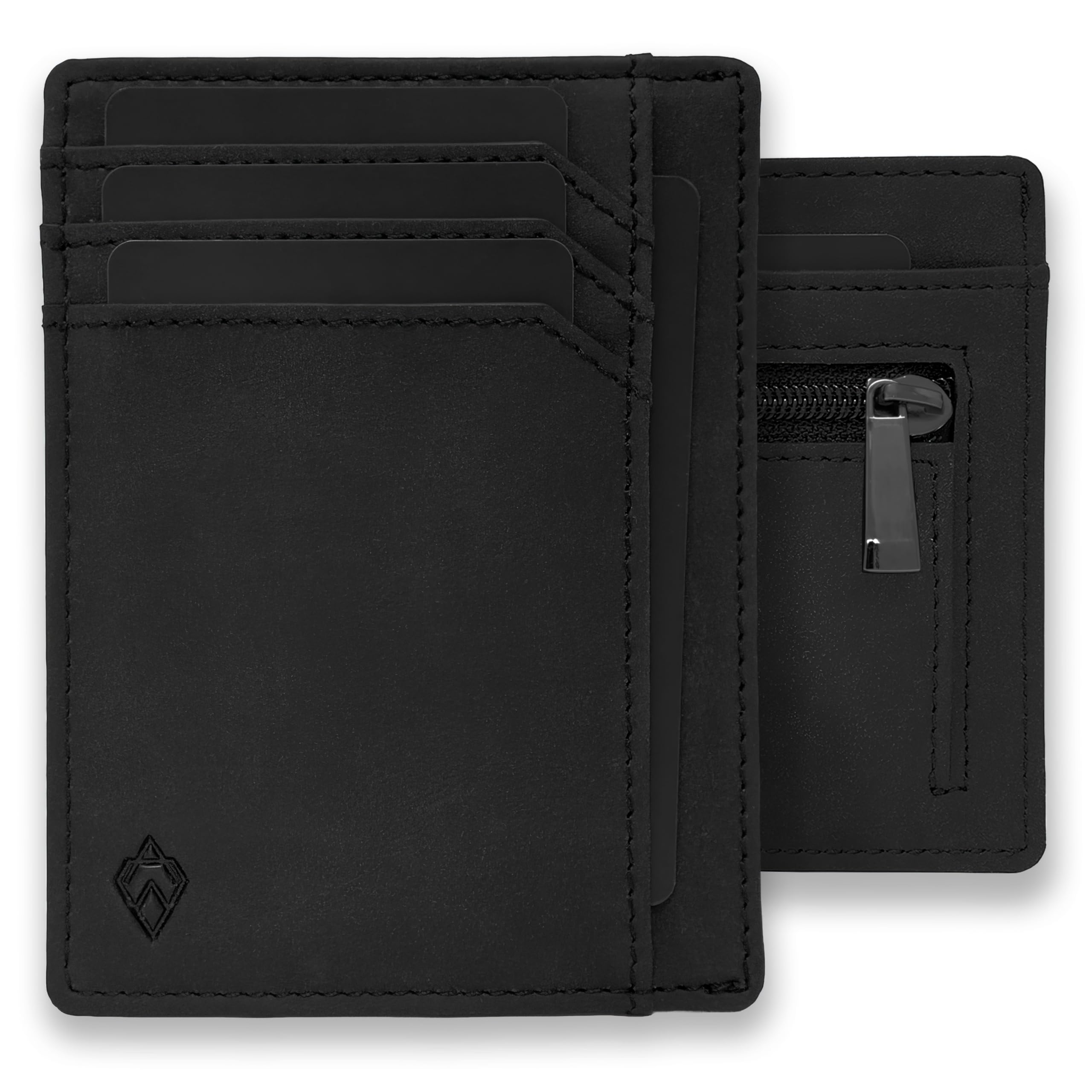 AKIELO RFID Card Holder Wallet with Zip Coin Pocket and Gift Box – Ultra Slim Leather Credit Card Holder for Men – Small Minimalist Blocking Card Wallet (Bravo - Black Zip Edition)