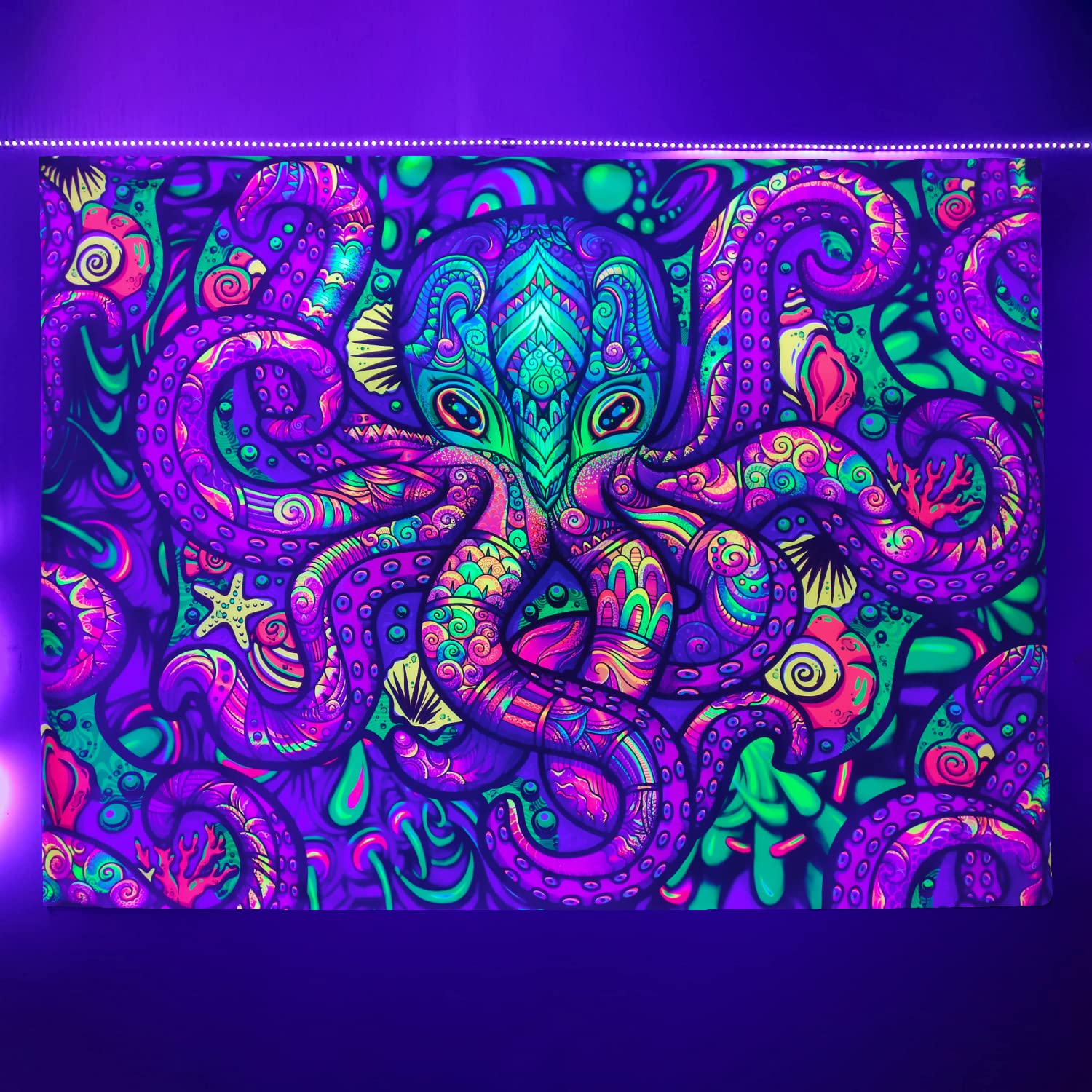 EUMVP Octopus Blacklight Tapestry Sea Monster Green Psychedelic UV Reactive Wall Art Dorm Deco 200x150cm YGTLSVP012