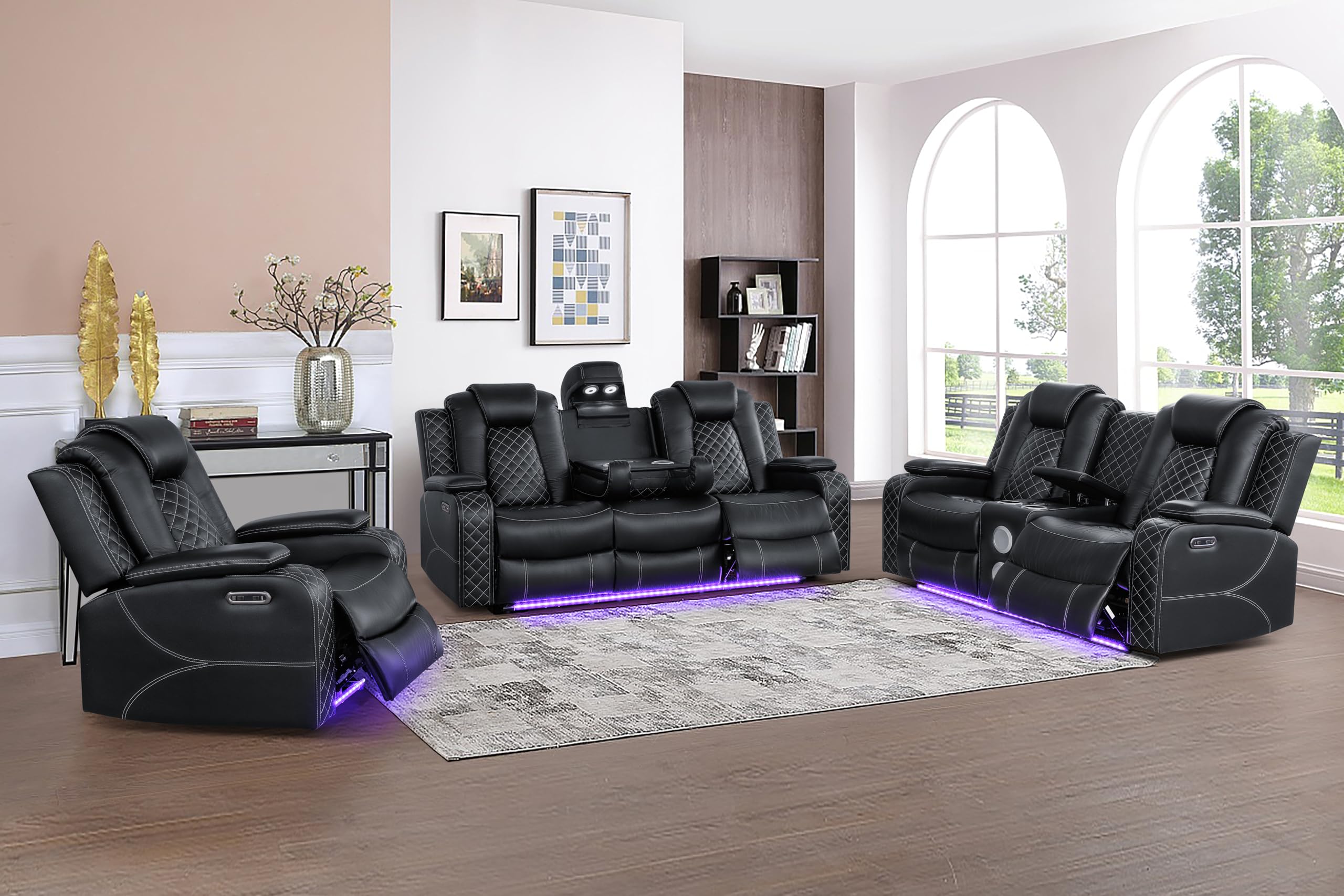 Photo 1 of **SEE PHOTOS**Ball & Cast Power Recliner Sofa Set Leather Reclining Sofa Set Living Room Furniture Set 3PCS Recliner Couch Loveseat & Chair Sets with Coffee Table,Reading Light,Cup Holders for Home Theater Seating