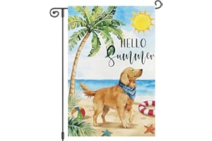 Louise Maelys Hello Summer Garden Flag 12x18 Inch, Beach Golden Retriever Dog Puppy Summer Yard Flag, Outdoor Double Sided Ba
