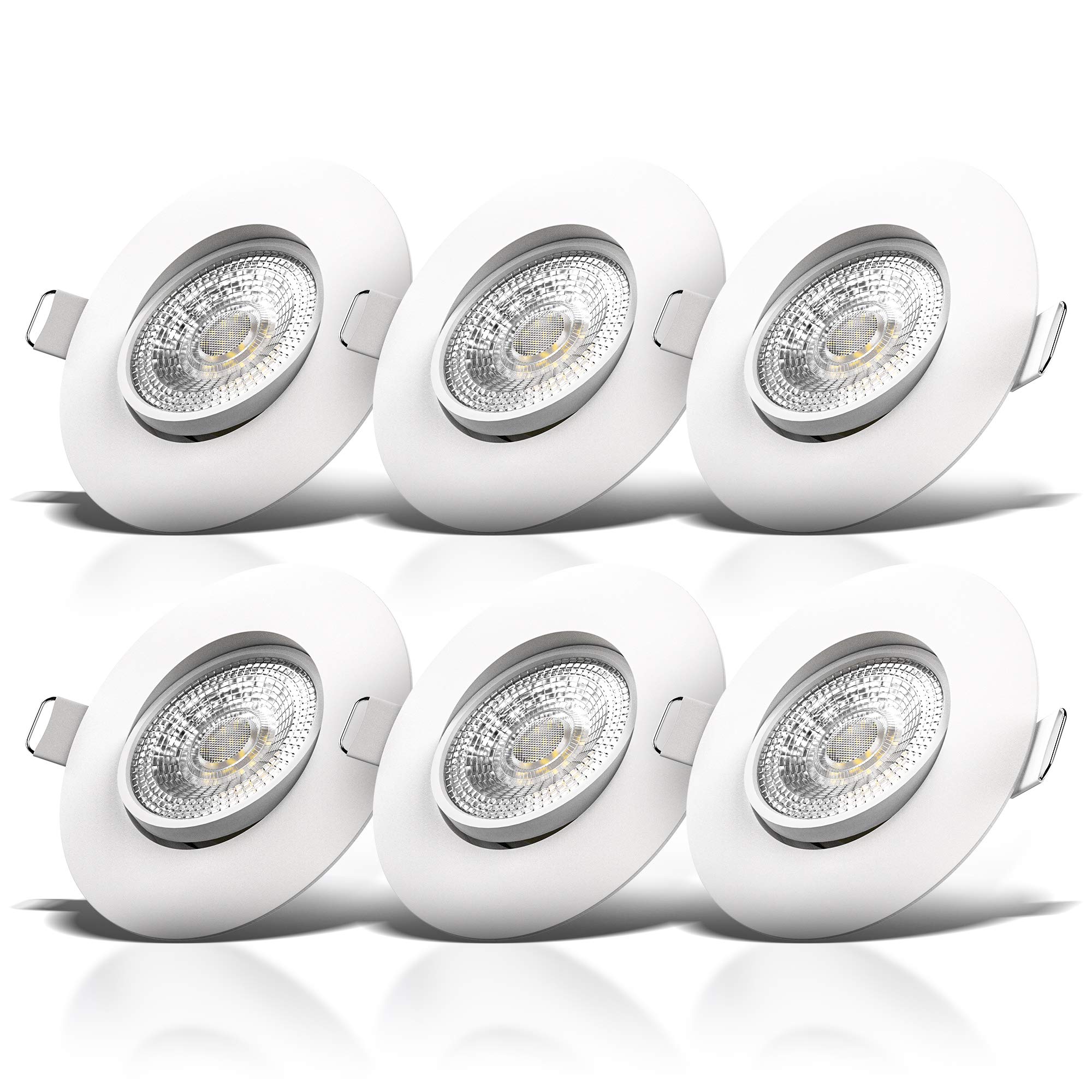 B.K.Licht Set of 6 LED recessed spotlights with 6X Built-in 5W LED modules, Ultra-Flat downlights, pivoting, Warm White Light, 460Lm, Ceiling Cut-Out Ø68mm/2.6in, no Transformer Required, 230V IP23