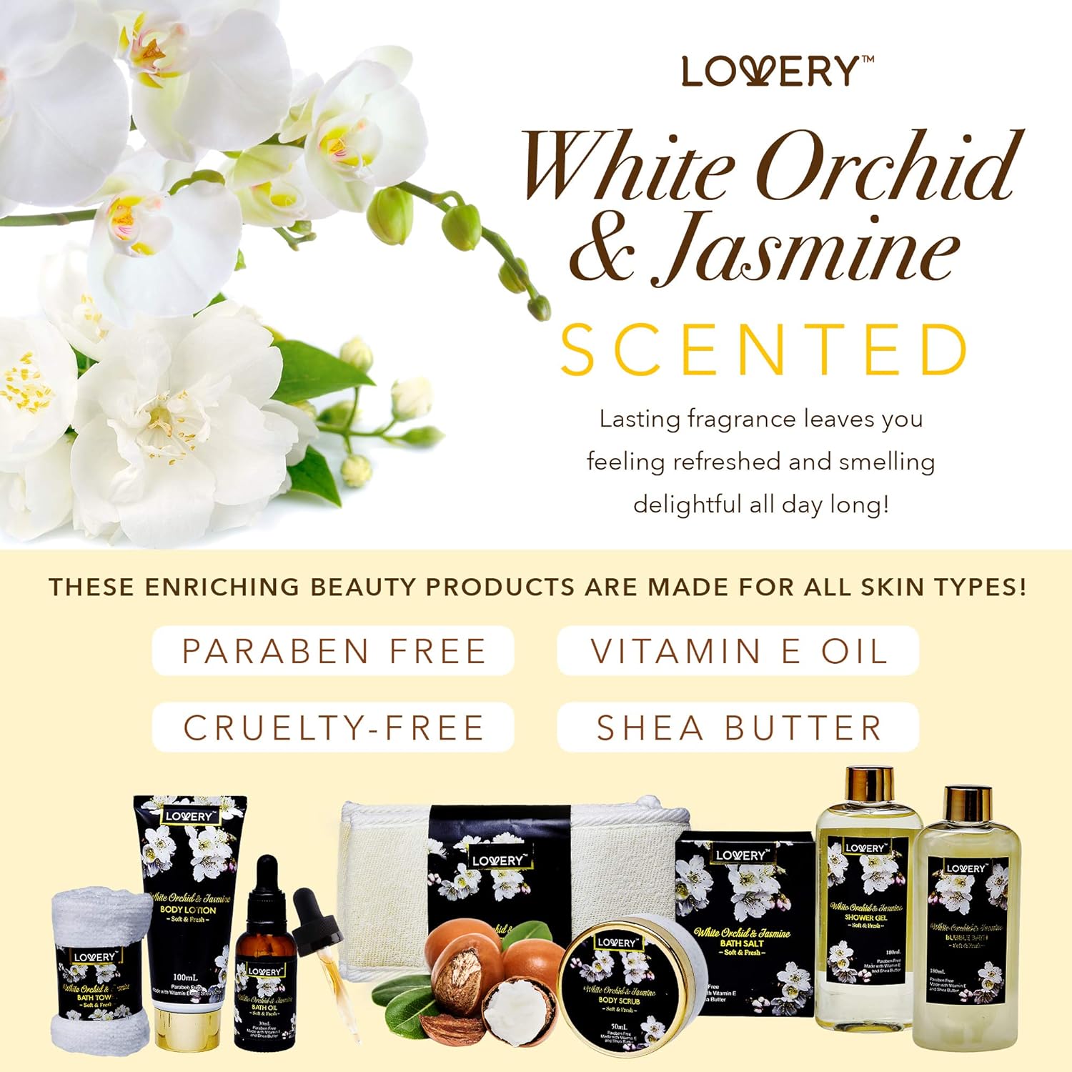 Bath and Body Gift Basket for Women and Men – Orchid and Jasmine Home Spa Set With Body Scrubs, Lotions, Oils, Gels and More - 9 Piece Set : Beauty