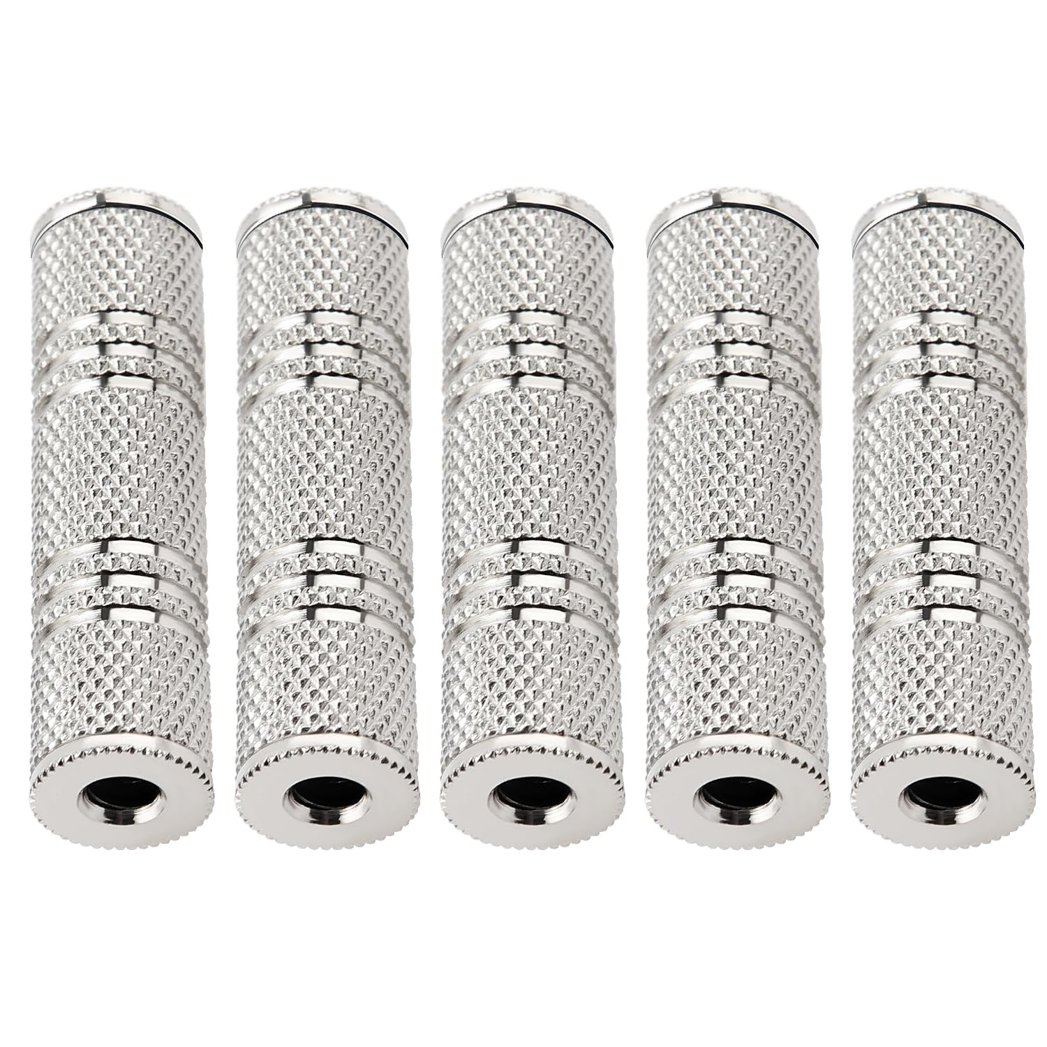 KUOQIY 5 PCS 3.5mm Female to Female Stereo Jack Adapter, Metal 1/8 Inch Audio Aux Coupler Joiner, for Extending Headphones Cable, Silver