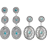 Dreuyet 2 Pairs Western Earrings for Women Vintage Rustic Couture's Cowgirl Oval Turquoise Dangle Earring Concho Dangling Earrings Country Concert Outfits Statement Jewelry (Elliptical Tqse)