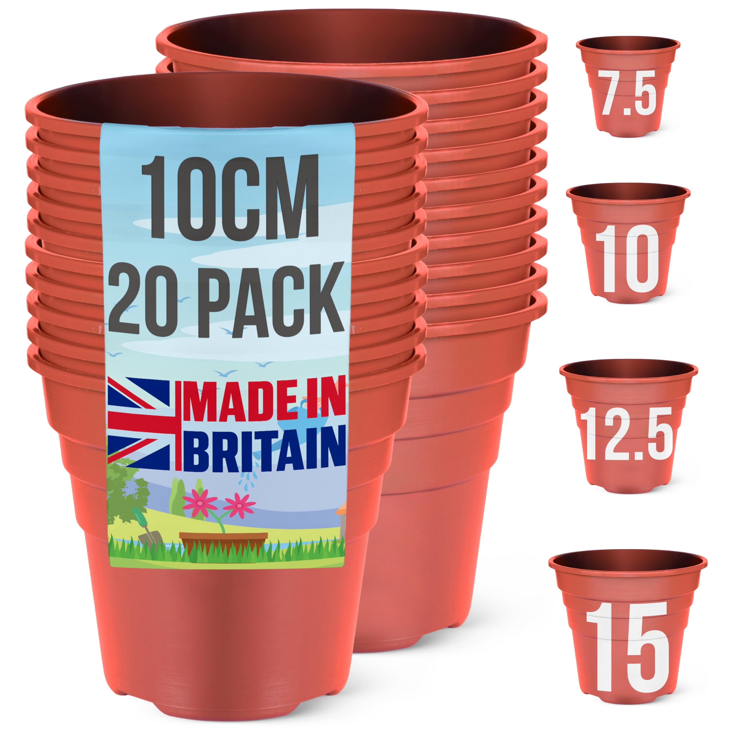 Happy Pots - 10cm Gloss Terracotta - Pack of 20 Premium Plastic Plant Pots - Reusable Flower Pots for Indoor/Outdoor Home Décor Gardening - Round, Heavy Duty, UV Resistant, Recyclable - Made in UK
