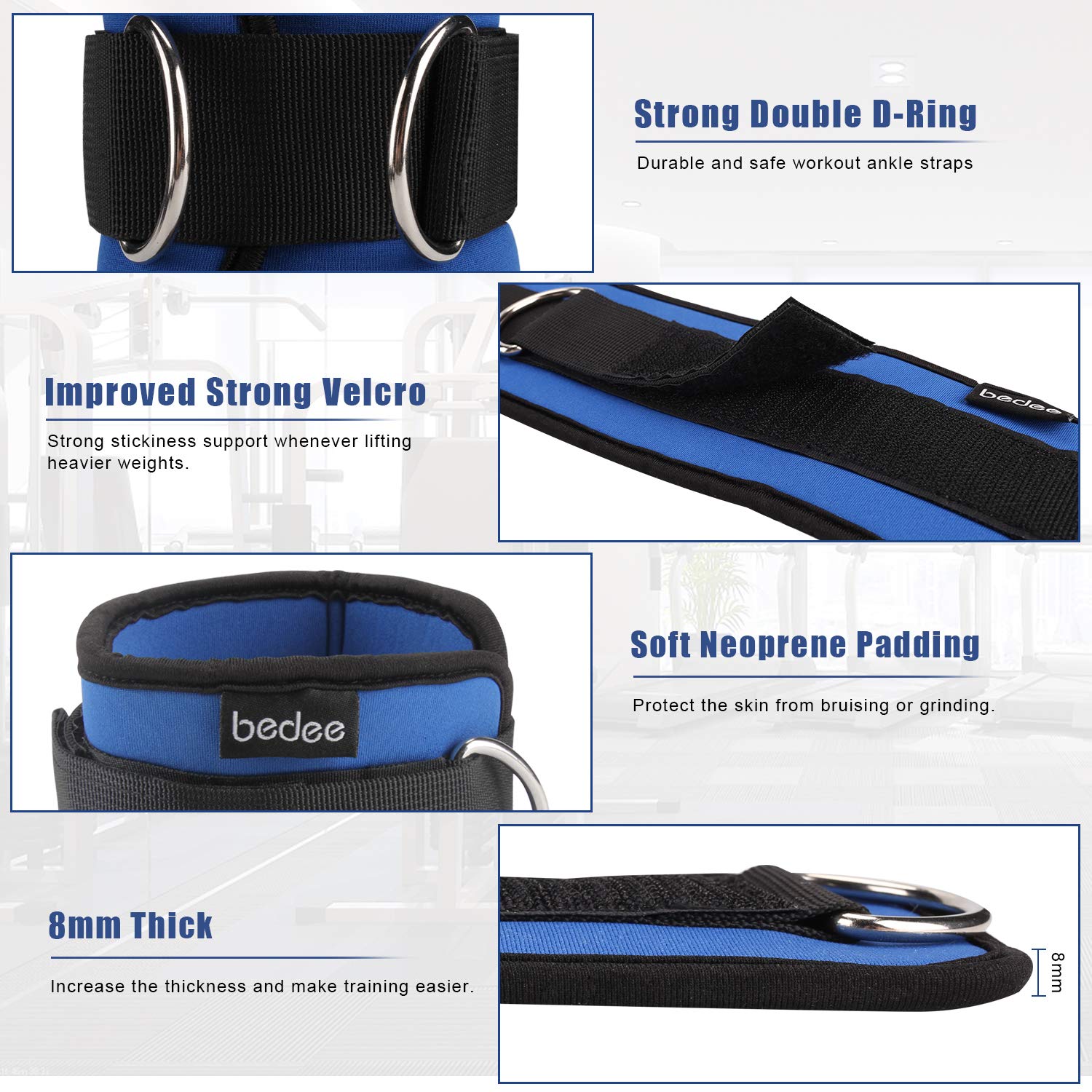 bedee Fußschlaufen Fitness Training Beintrainer Foot Ankle Straps für Frauen und Männer knöchelriemen Sport Fußschlaufe 2 Stück Gepolstert für Beintraining Seilzug Bein Fitness Training Blau