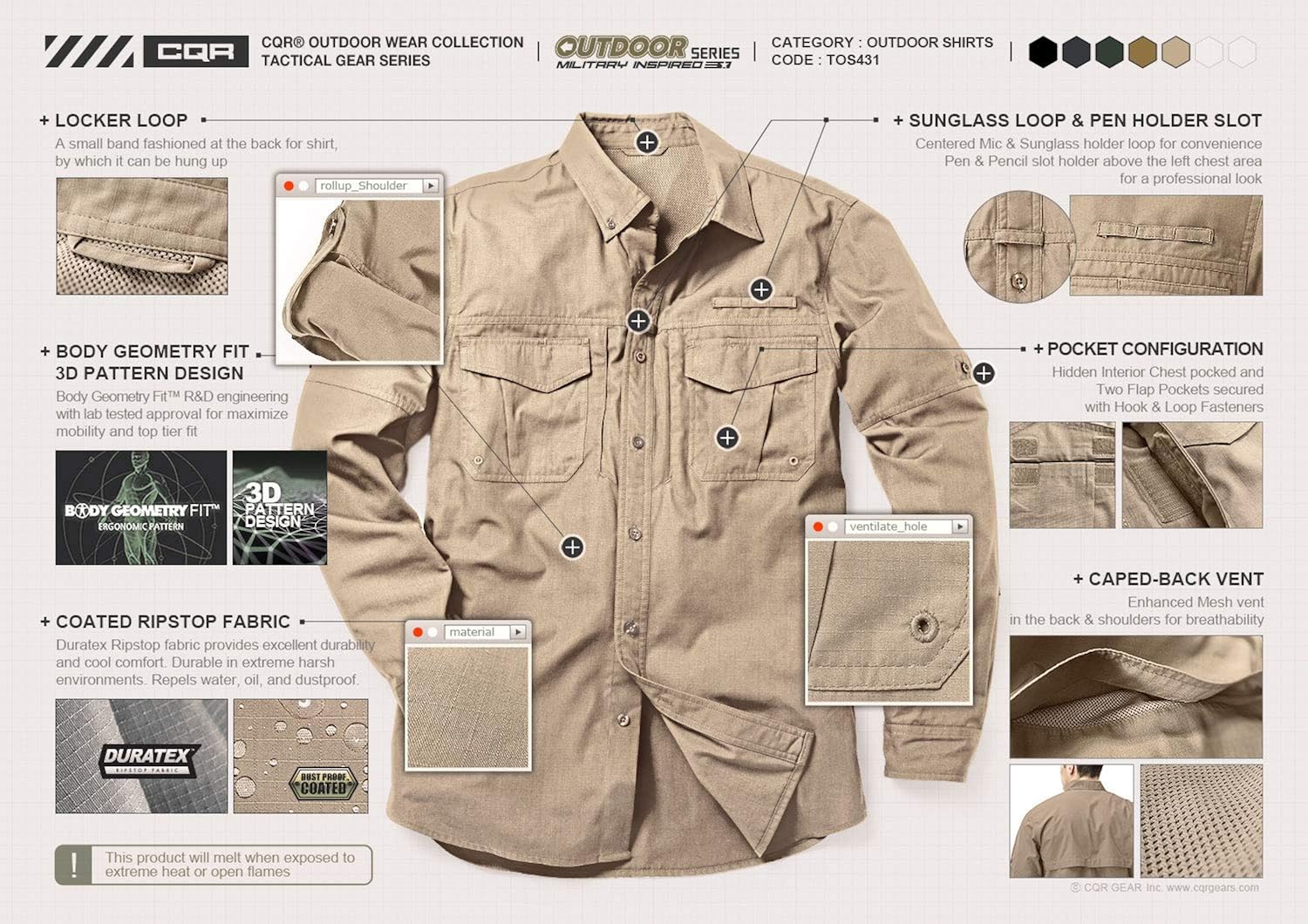 CQR Men's Long Sleeve Work Shirts, Ripstop Military Tactical Shirts, Outdoor UPF 50+ Breathable Button Down Hiking Shirt at  Men’s Clothing store