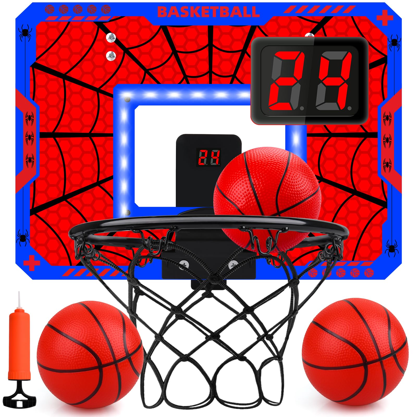 Photo 1 of ***MISSING BASKETBALLS*** Basketball Hoop Indoor, Mini Basketball Hoop LED with 3 Balls and Scoreboard, Over The Door Basketball Hoop, Basketball Kids Toys Gifts for 3 4 5 6 7 8 9 10 11 12 Year Boys (Red)